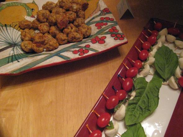 "Sausage" Cheddar Balls and Caprese Skewers