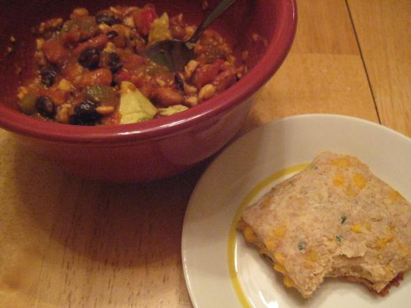 Bean and Tempeh Chili with Cheddar Cilantro Biscuit
