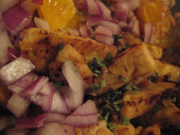 Tempeh with Oranges, Red Onion, and Chives