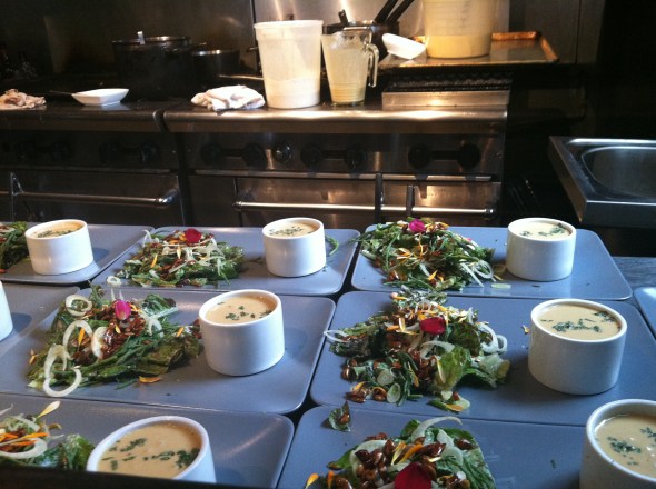 First and Second Courses: Chilled Pear and Apricot Curry Soup with a Fennel and Sea Bean Salad dressed w/ Lime Hempseed Dressing