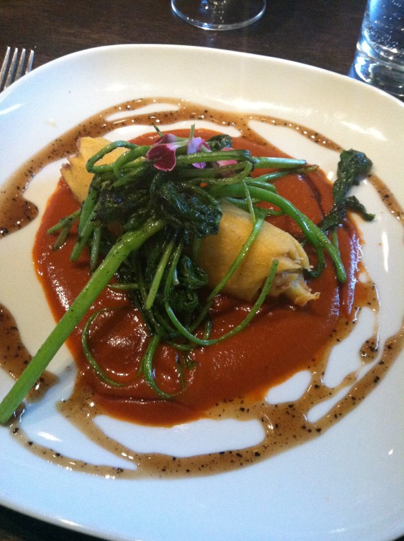 Fourth Course: Maitake-Cashew Cream Tamale with Grilled Broccoli Rabbe and Cardamom Mole Sauce