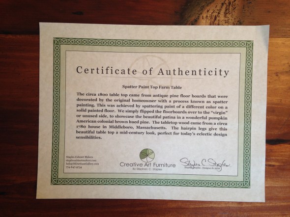 Staples Certificate of Authenticity